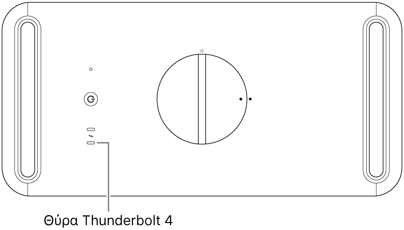 Η πάνω πλευρά του Mac Pro με μια επεξήγηση για τη σωστή θύρα Thunderbolt 4 προς χρήση.