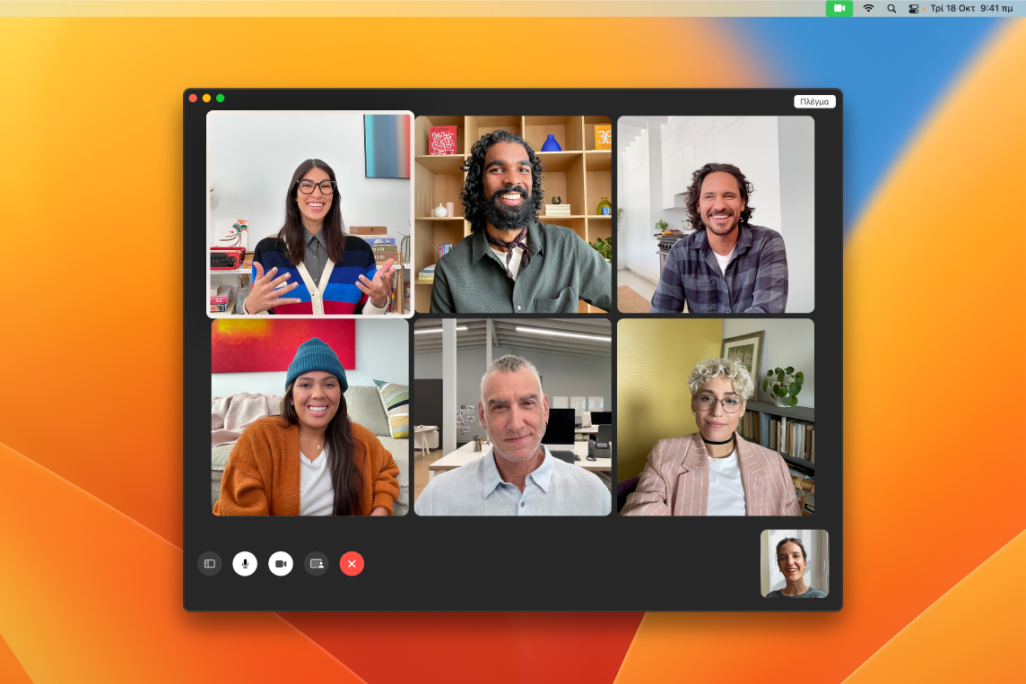 Ένα παράθυρο του FaceTime με μια ομάδα προσκεκλημένων χρηστών.