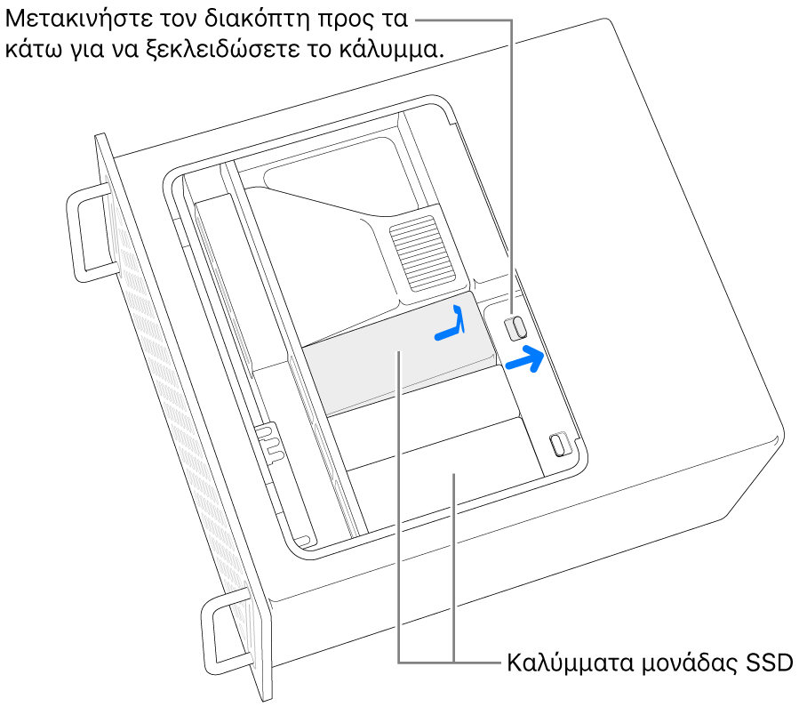 Ο διακόπτης μετακινείται προς τα δεξιά για ξεκλείδωμα του καλύμματος SSD.