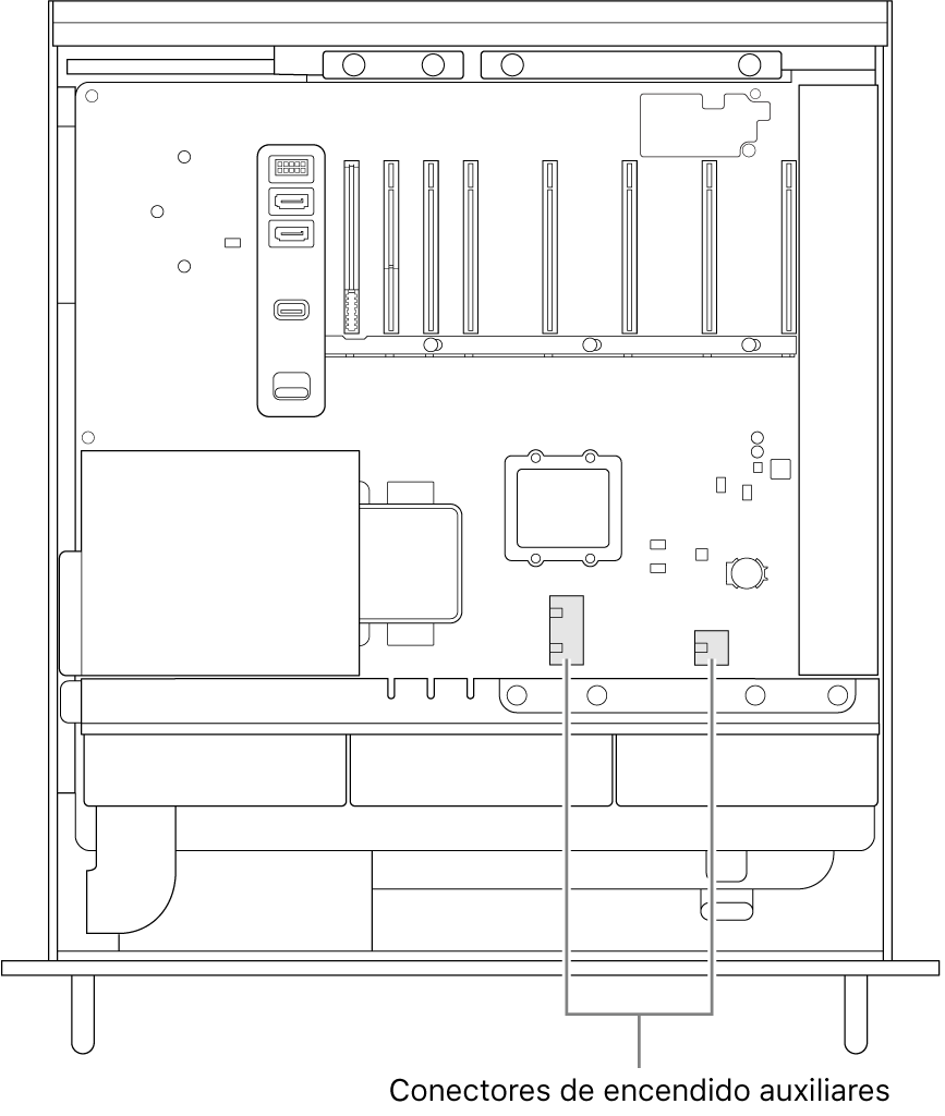 Vista lateral de la Mac Pro abierta con indicaciones mostrando la ubicación de los conectores de alimentación auxiliares.
