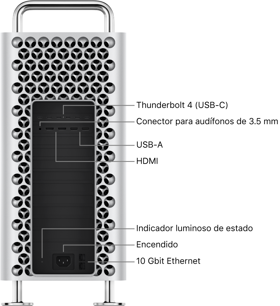 Una vista lateral de una Mac Pro mostrando los seis puertos Thunderbolt 4 (USB-C), un conector para audífonos de 3.5 mm, dos puertos USB-A, dos puertos HDMI, un indicador luminoso de estado, un puerto de corriente y dos puertos 10 Gigabit Ethernet.