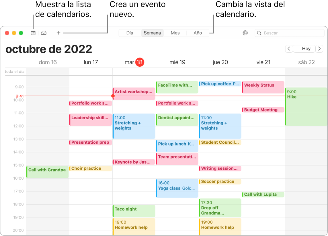 Ventana de Calendario mostrando la lista de calendarios, cómo crear un evento, y cómo seleccionar la vista por días, semanas, meses o años.
