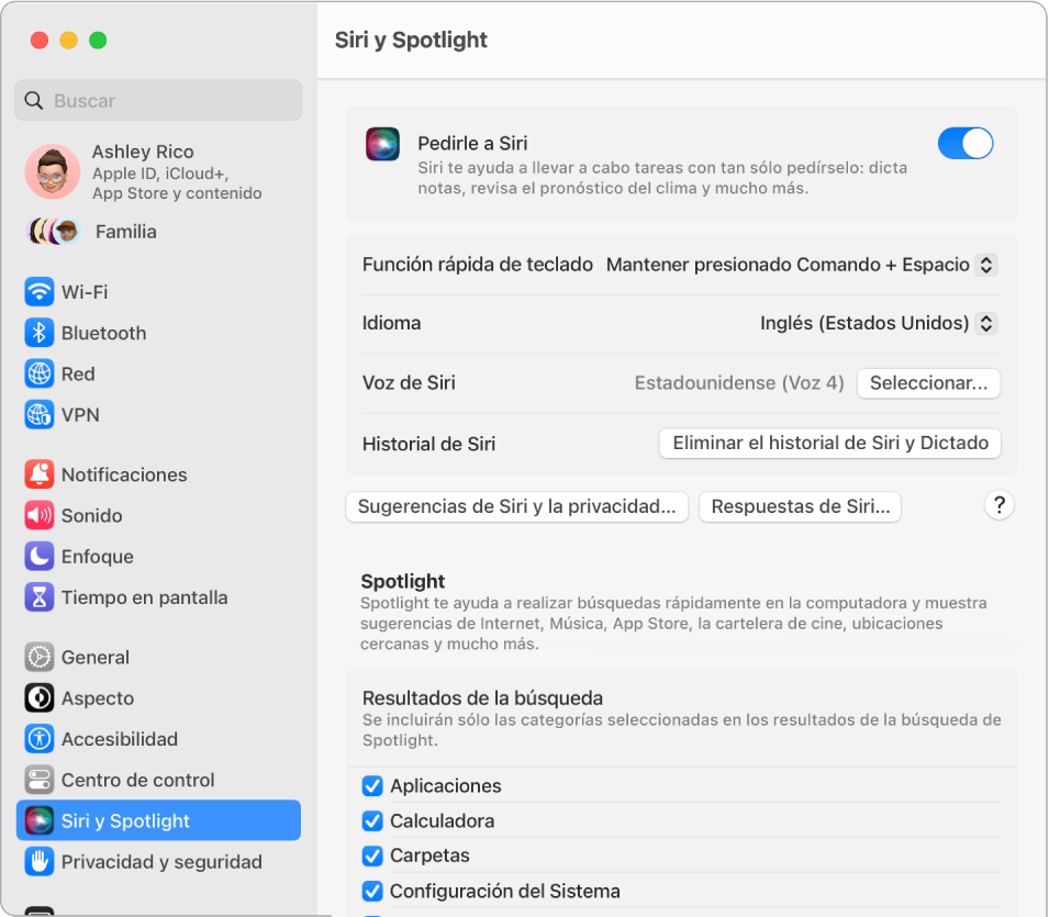 La ventana de configuración de Siri con la opción Pedirle a Siri seleccionada, así como varias opciones para personalizar Siri en la derecha.