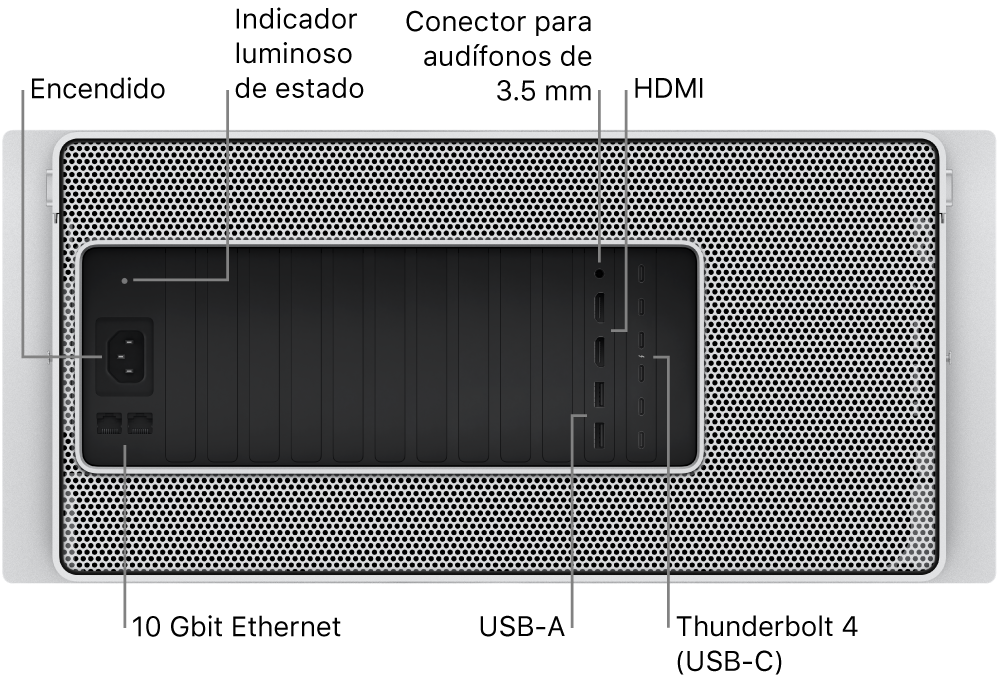 La vista trasera de la Mac Pro mostrando el puerto de corriente, un indicador luminoso de estado, un conector para audífonos de 3.5 mm, dos puertos HDMI, seis puertos Thunderbolt 4 (USB-C), dos puertos USB-A y dos puertos 10 Gigabit Ethernet.