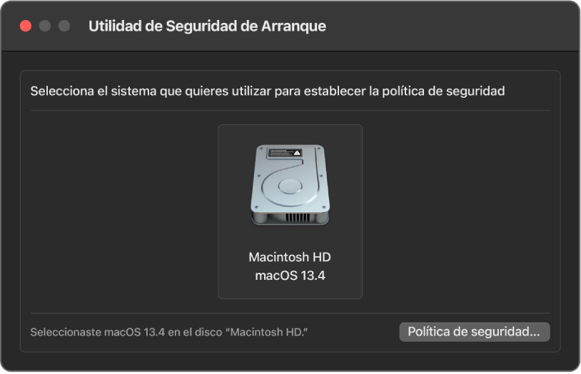 La ventana de la Utilidad de Seguridad de Arranque está abierta y el disco Macintosh HD con macOS 13.4 está seleccionado.