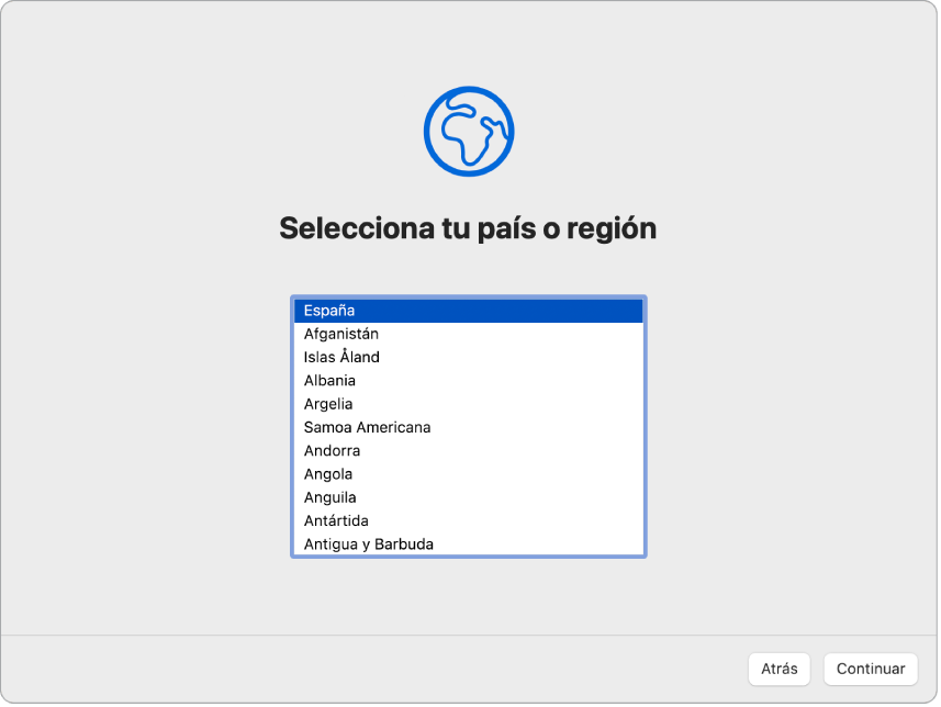 Una pantalla de Asistente de Configuración con las opciones para seleccionar el país o región de un usuario.