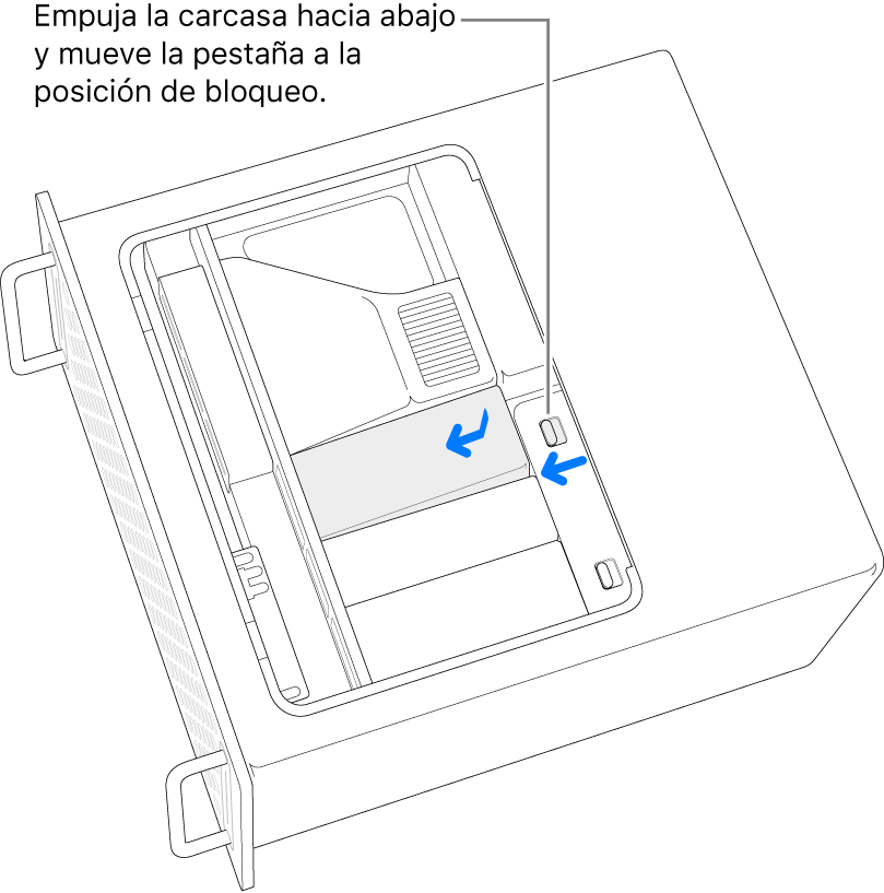 Colocación de las cubiertas de los módulos SSD en su sitio deslizando el pestillo a la izquierda y empujando la cubierta del módulo SSD hacia abajo.
