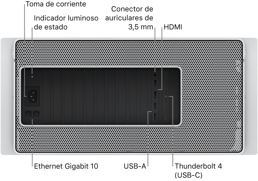 La vista trasera del Mac Pro, con el puerto de alimentación, un indicador luminoso de estado, una toma de auriculares de 3,5 mm, dos puertos HDMI, seis puertos Thunderbolt 4 (USB-C), dos puertos USB-A y dos puertos Ethernet Gigabit 10.