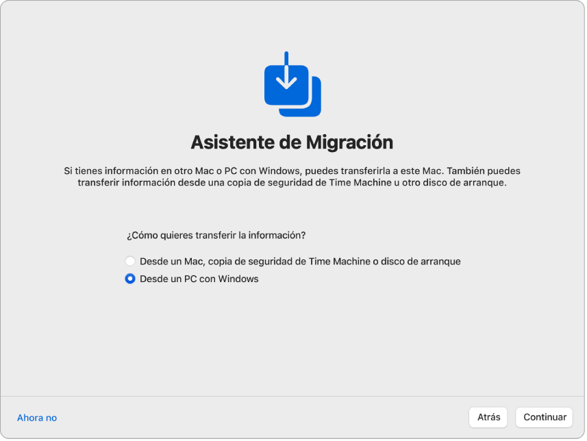 Una pantalla de Asistente de Configuración que dice “Asistente de Migración”. La casilla de verificación para transferir información desde un PC con Windows está seleccionada.