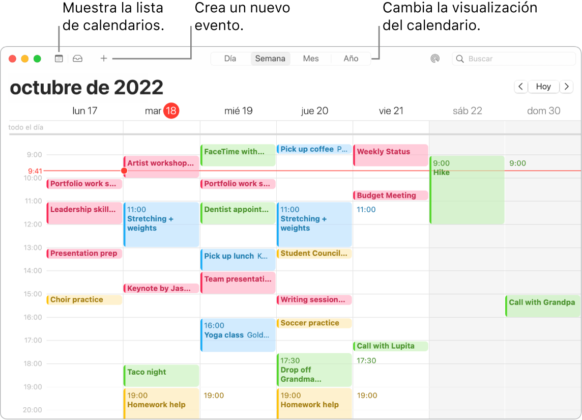 Una ventana de Calendario donde se muestra la lista de calendarios, cómo crear un evento, cómo mostrar la lista de calendarios y cómo seleccionar la vista Día, Semana, Mes o Año.