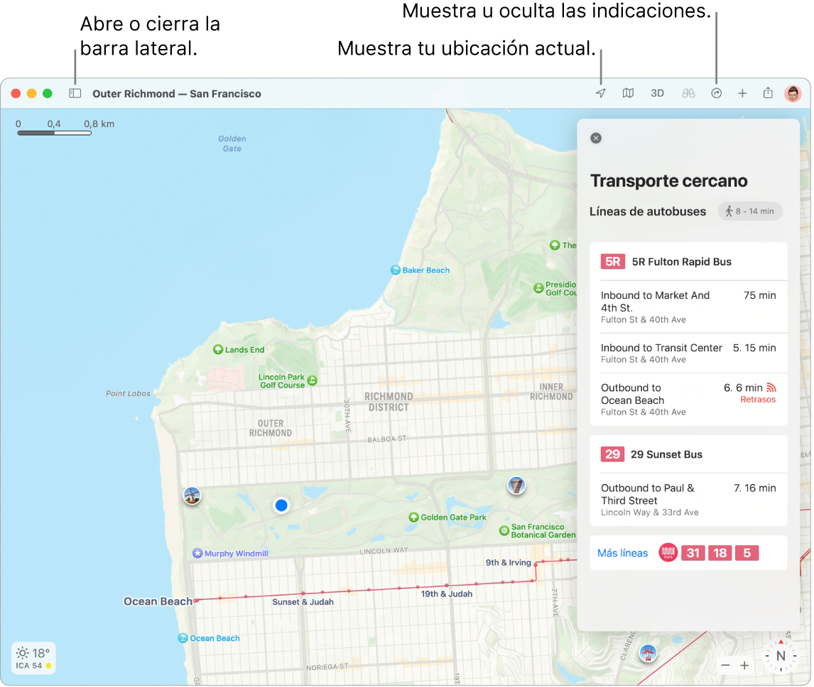 Una ventana de Mapas que muestra cómo obtener rutas haciendo clic en un destino en la barra lateral, cómo abrir o cerrar la barra lateral, y cómo buscar tu ubicación actual en el mapa.
