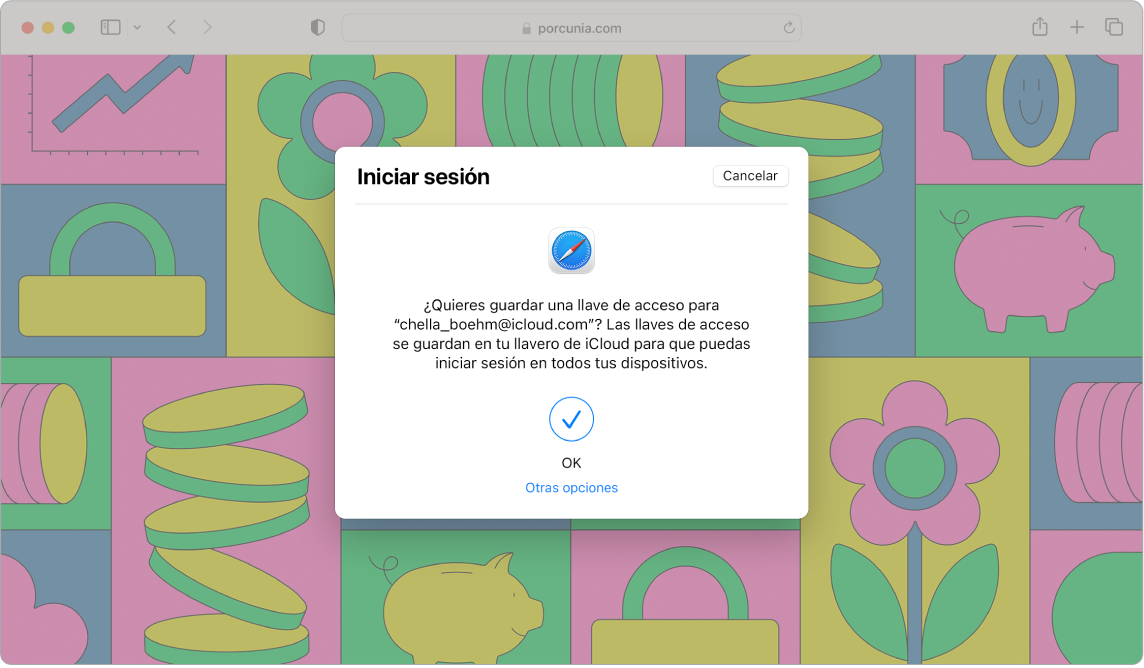 Ventana de Safari con un cuadro de diálogo de inicio de sesión que pregunta si el usuario quiere guardar una llave de acceso. El cuadro de diálogo dice que las llaves de acceso se guardan en tu llavero de iCloud y que están disponibles para iniciar sesión en todos tus dispositivos. Una marca de verificación azul indica que la llave de acceso se ha creado y hay un enlace a “Otras opciones” para crear una llave de acceso.