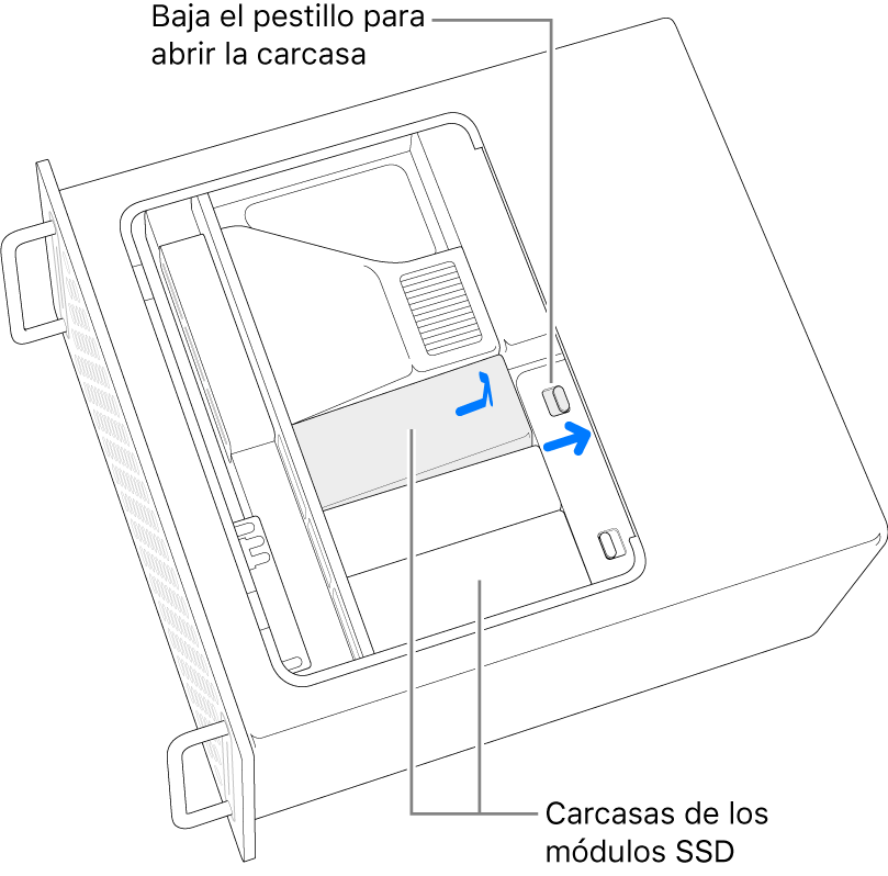 El pestillo se mueve hacia la derecha para desbloquear la cubierta del SSD.