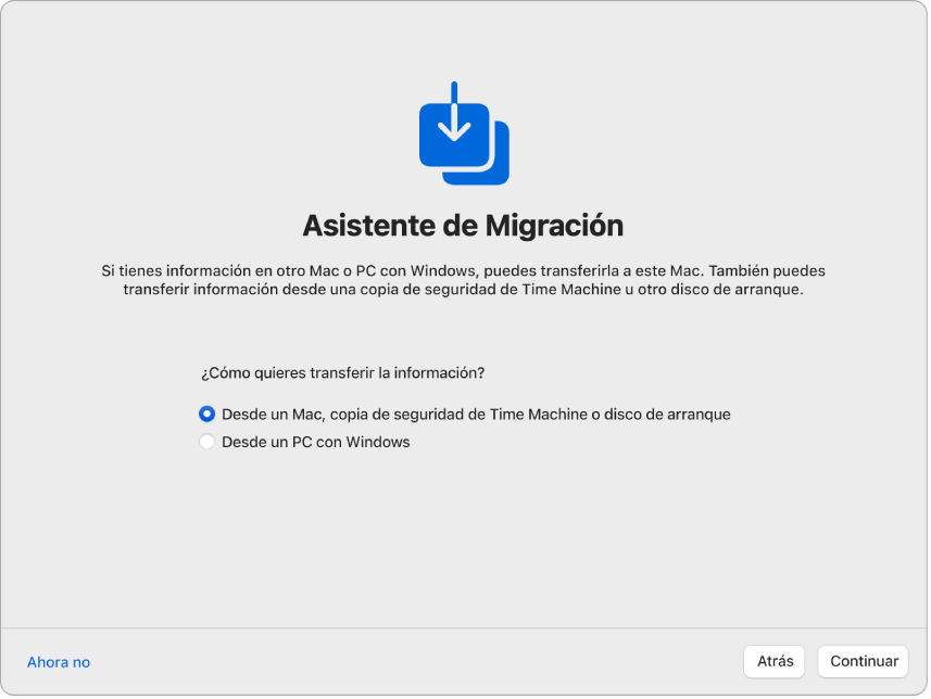 Una pantalla de Asistente de Configuración que dice “Asistente de Migración”. La casilla para transferir la información de un Mac aparece seleccionada.