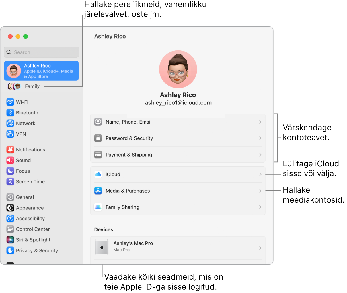 Apple ID seaded jaotises System Settings väljaviikudega kontoinfo värskendamiseks, iCloudi funktsioonide sisse või välja lülitamiseks, meediakontode haldamiseks ning jaotis Family, kust saate hallata pereliikmeid, vanemlikku järelevalvet, oste jm.