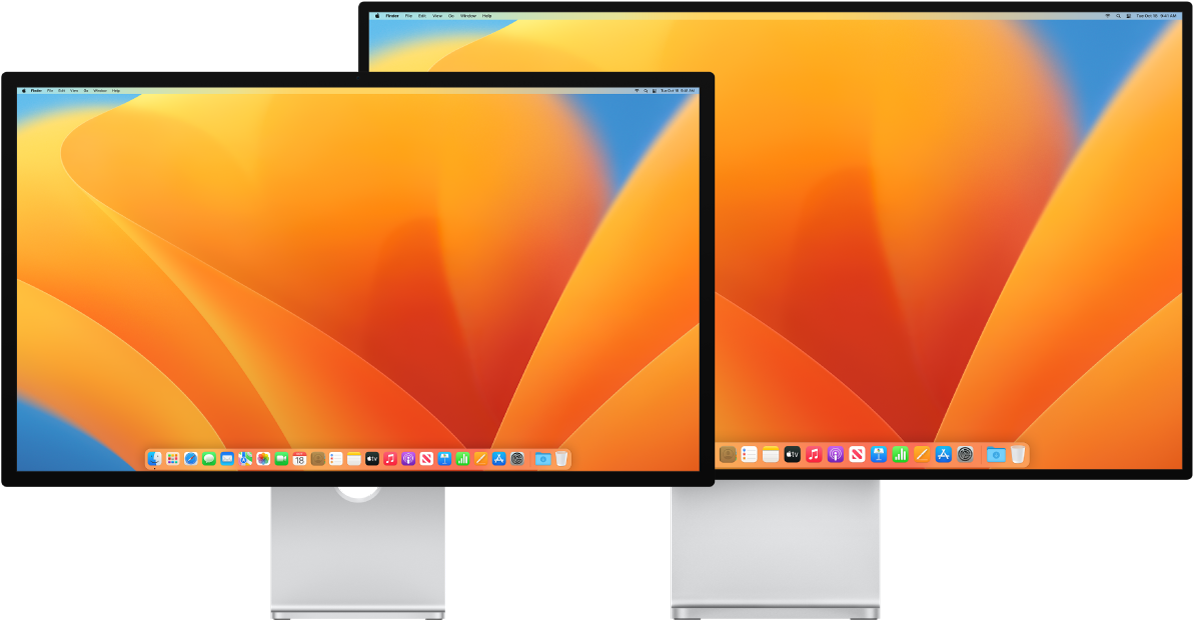 Studio Display ja Pro Display XDR ekraanid üksteise kõrval.