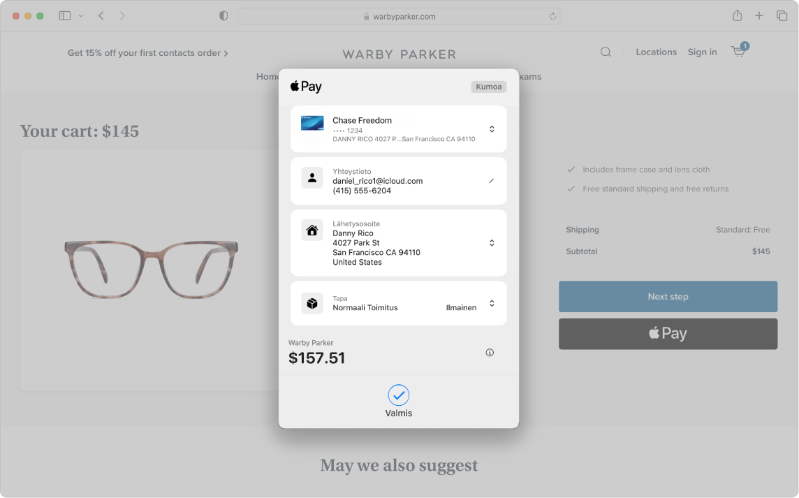 Macin näyttö verkko-ostoprosessista Apple Pay -vaihtoehdolla Safarissa.