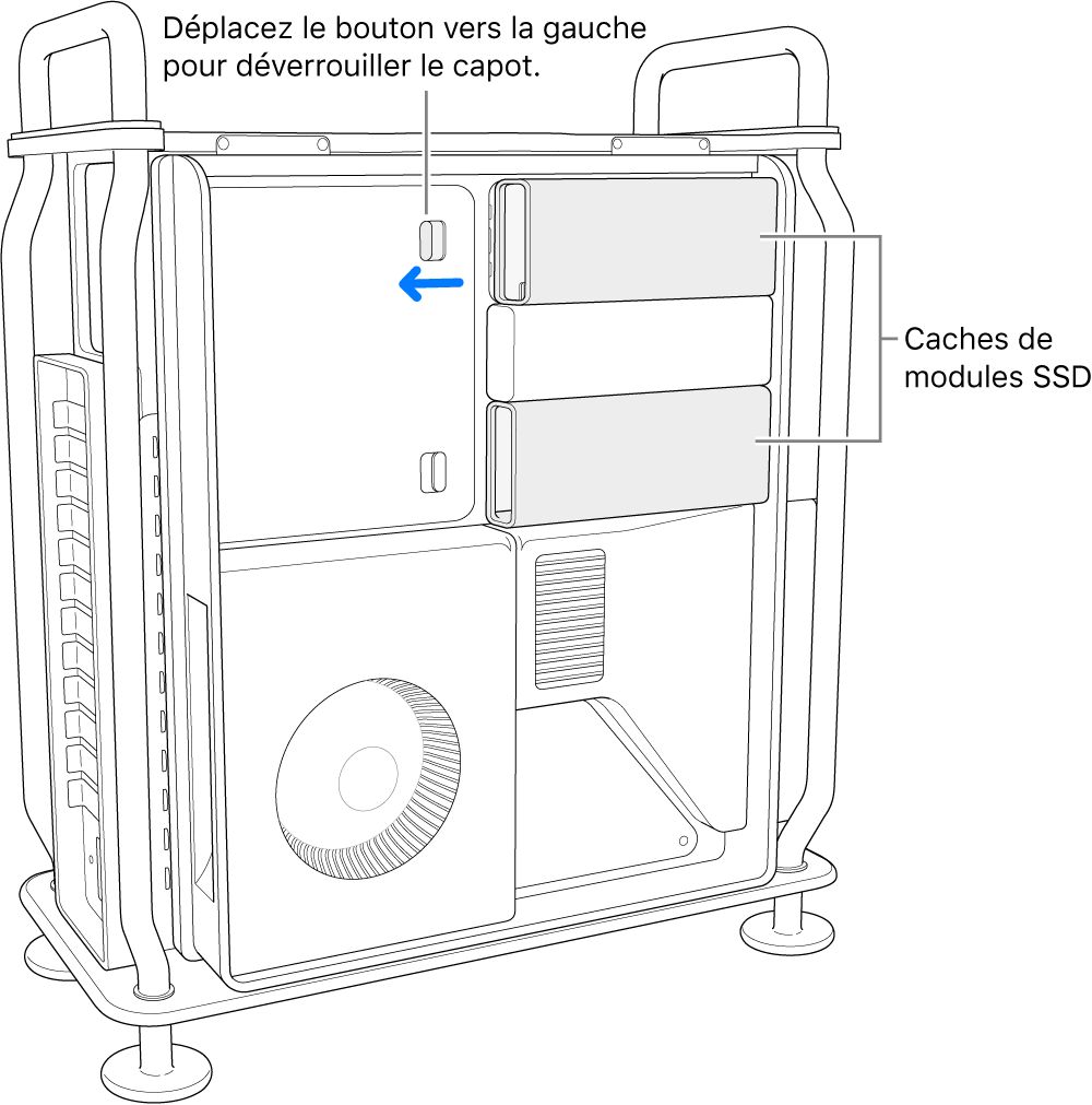 Bouton poussé vers la gauche pour déverrouiller le cache des SSD.