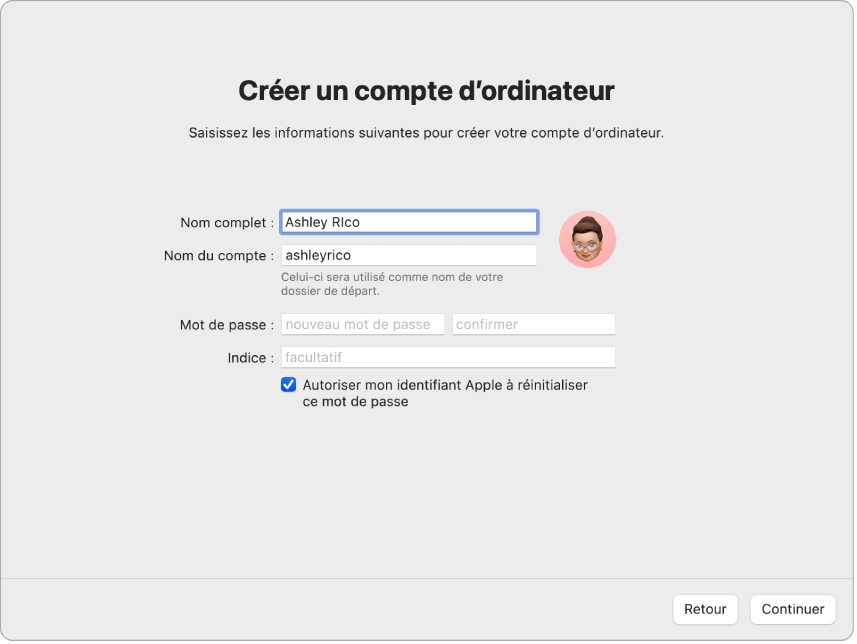 Un écran de lʼAssistant réglages indiquant « Créer un compte dʼordinateur »
