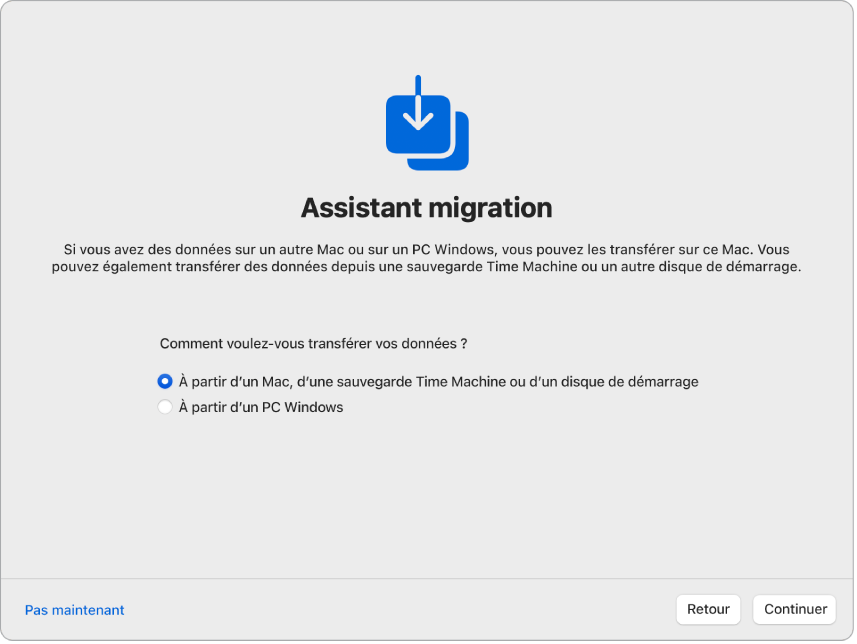 Un écran de lʼAssistant réglages indiquant « Assistant migration ». Une coche correspondant au transfert de données depuis un Mac est cochée.
