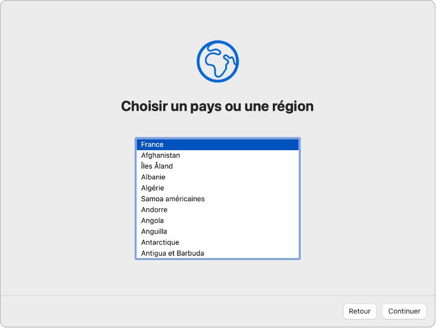 Un écran dans lʼAssistant réglages affichant des options permettant de sélectionner le pays ou la région dʼun utilisateur.