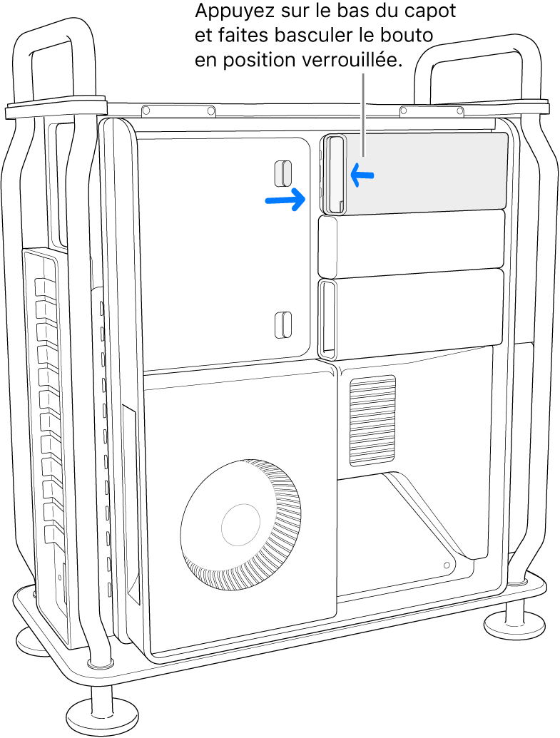 Réinstallation des caches des SSD en déplaçant le bouton de verrouillage vers la droite et en appuyant sur le cache des SSD.