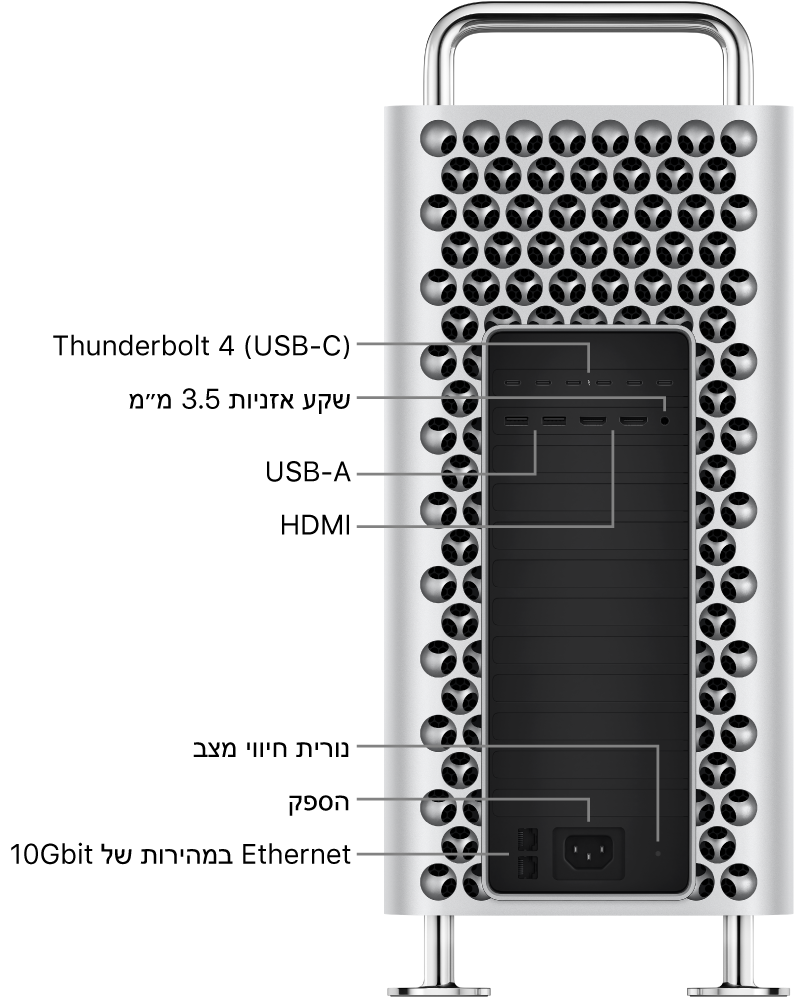 מבט מהצד על Mac Pro המציג שש יציאות של Thunderbolt 4‏ (USB-C), מחבר האוזניות של 3.5 מ״מ, שתי יציאות USB-A, שתי יציאות HDMI, נורית מחוון המצב, יציאת ספק כוח ושתי יציאות Ethernet ‏10 ג׳יגה סיביות.