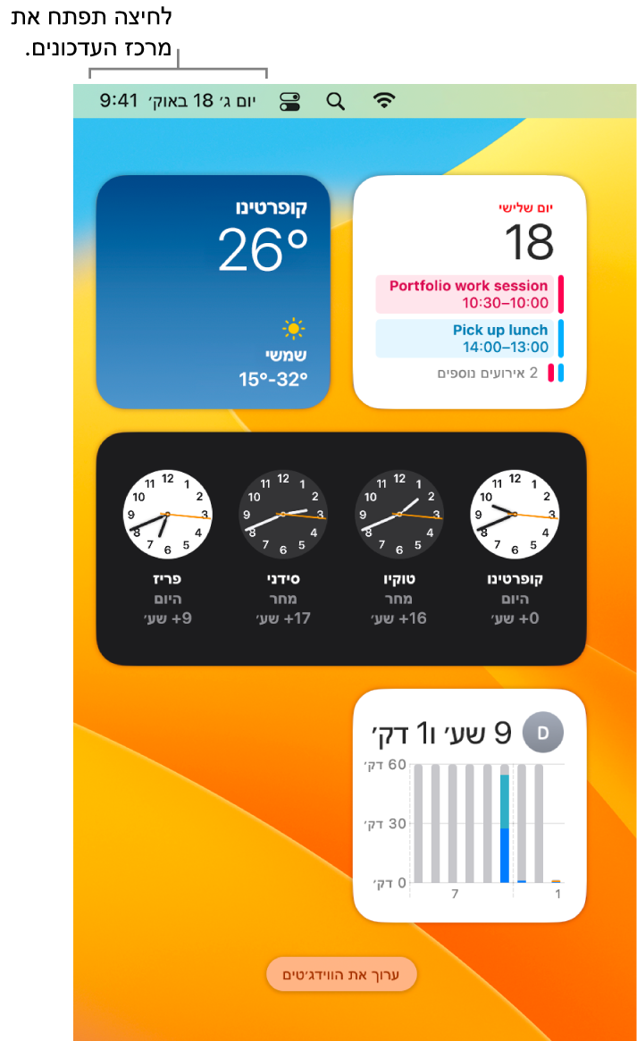״מרכז העדכונים״ עם עדכונים ועם הווידג׳טים של ״לוח שנה, ״מזג אוויר״, ״שעון״ ו״זמן מסך״.