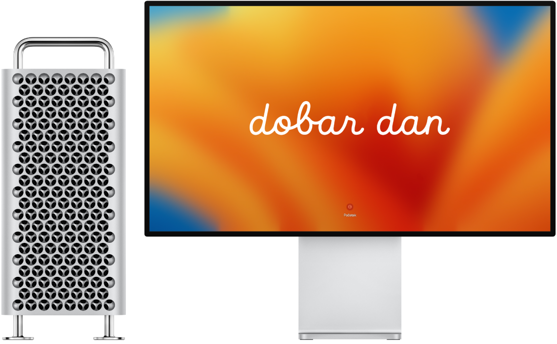 Mac Pro i Pro Display XDR jedan pored drugog s riječi “bok” na zaslonu.