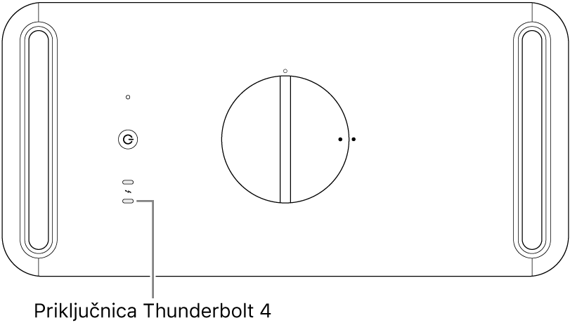 Gornji dio računala Mac Pro s oblačićem točne Thunderbolt 4 priključnice za upotrebu.