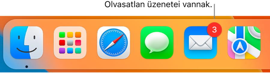 A Dock egy szakasza, amelyen a Mail app ikonja látszik, olvasatlan üzeneteket jelölő jelvénnyel.