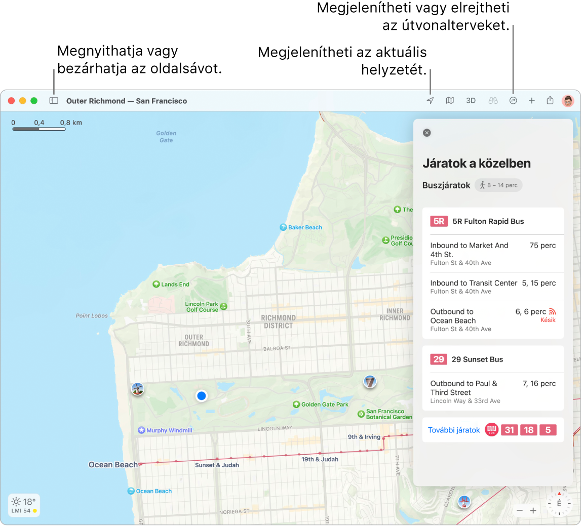 A Térképek ablaka, amely megmutatja, hogyan lehet útvonalterveket beszerezni az oldalsávon található célokra kattintva, hogyan lehet megnyitni vagy becsukni az oldalsávot, valamint hogyan lehet megtalálni az aktuális helyzetet a térképen.