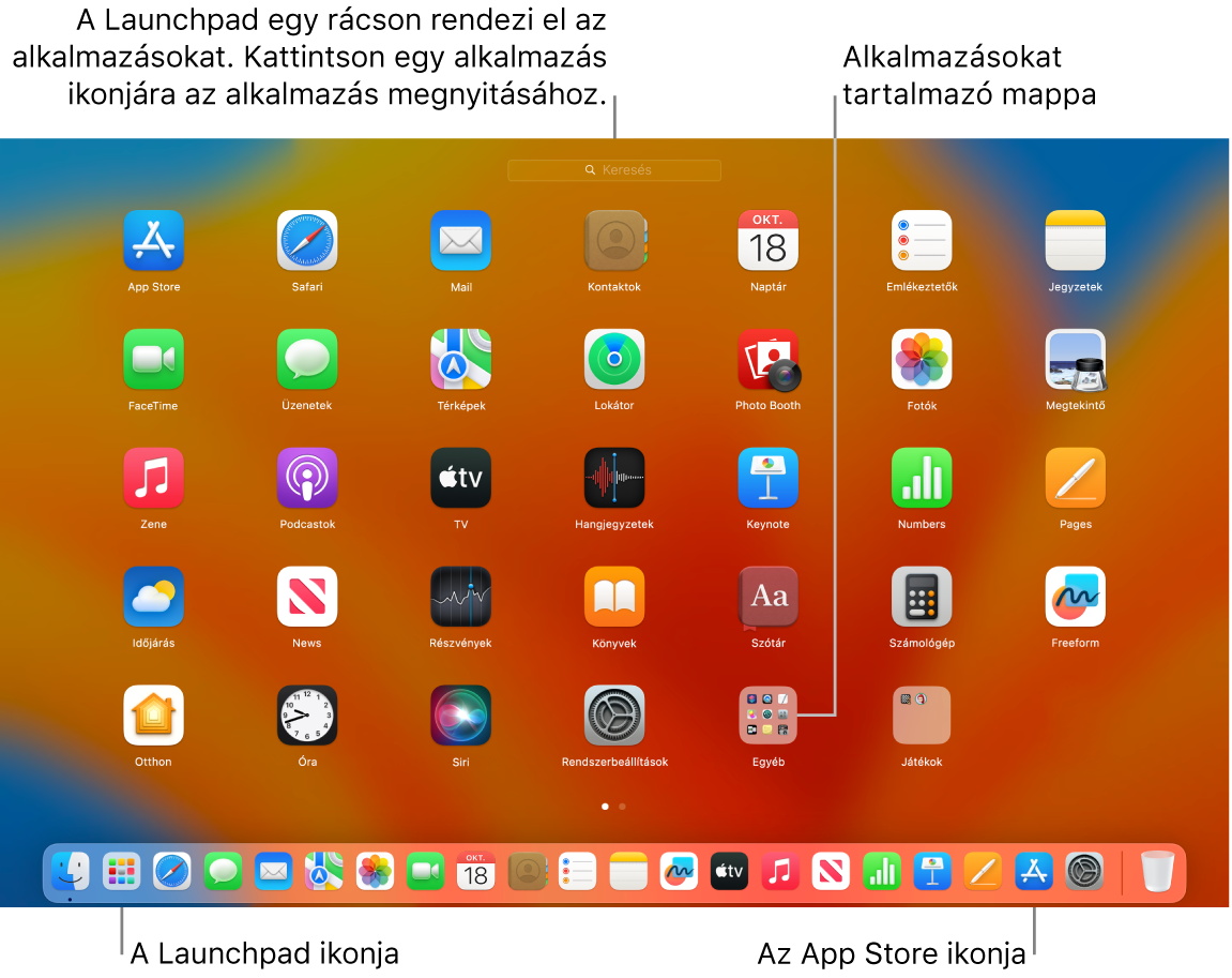 Egy Mac képernyője a megnyitott Launchpad alkalmazással, amelyben az appok mappája látható, valamint a Launchpad és az App Store ikonjaival a Dock területén.