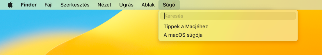 Részleges íróasztal a megnyitott Súgó menüvel, amelyben a Keresés és A macOS súgója menüpontok láthatók.