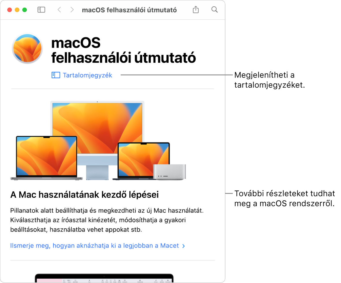 A macOS felhasználói útmutatójának kezdőoldala a Tartalomjegyzék linkkel.