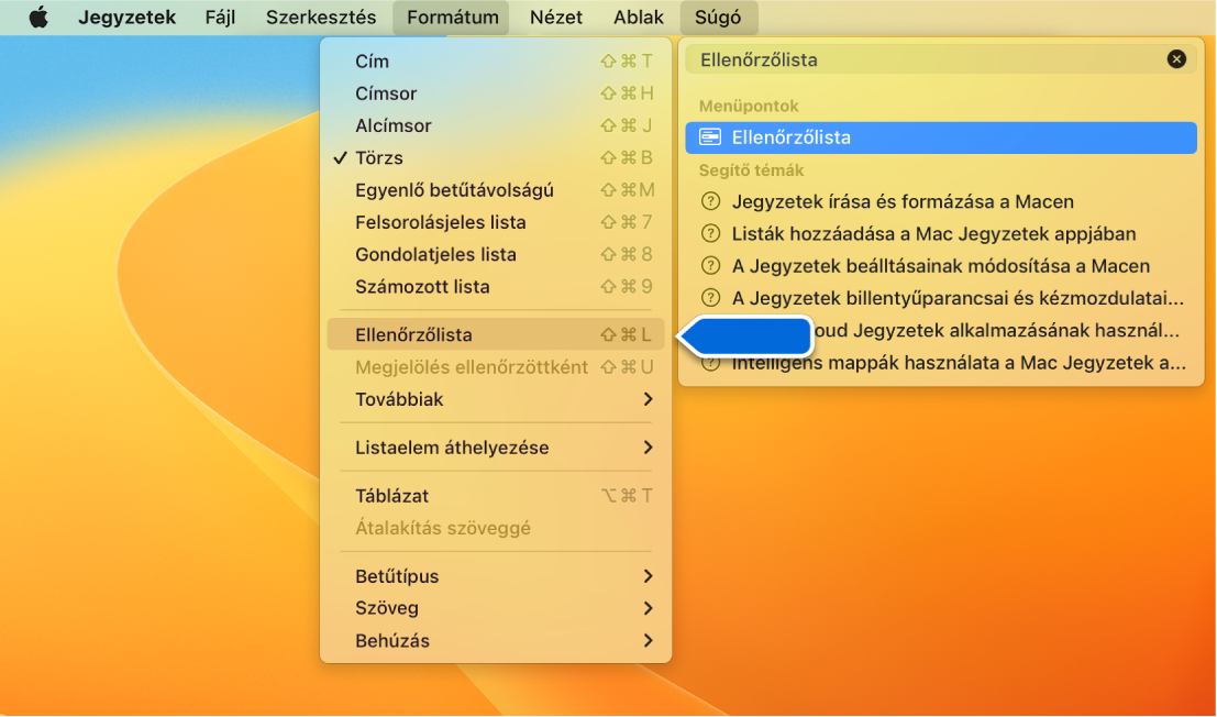 A Súgó menü az „ellenőrzőlista” keresőkifejezéssel és a Formátum menüben kiemelve látható Ellenőrzőlista menüponttal.