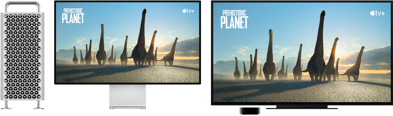 Egy Mac Pro, amelynek tartalma nagy méretű HDTV-re van tükrözve Apple TV használatával.