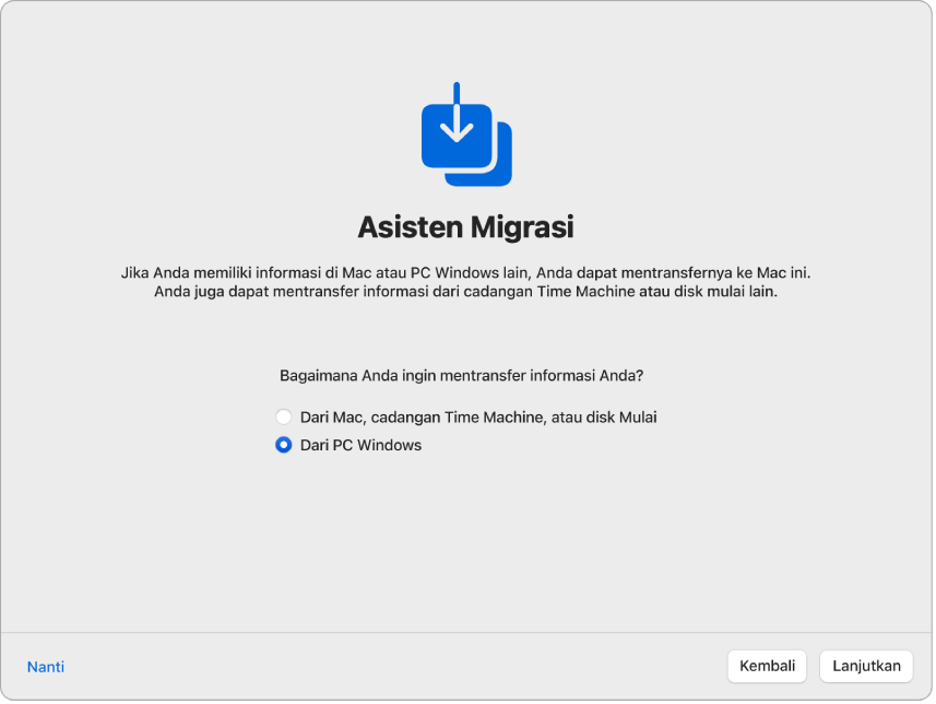 Layar dari Asisten Pengaturan yang bertuliskan “Asisten Migrasi”. Kotak centang untuk mentransfer informasi dari PC Windows dipilih.