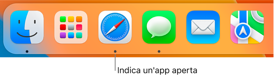 Una parte del Dock che mostra punti neri tra le app aperte.