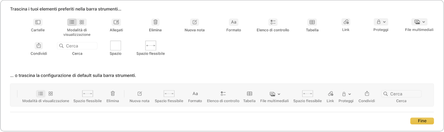 Una finestra di Note che mostra le opzioni della barra degli strumenti personalizzabili che sono disponibili.