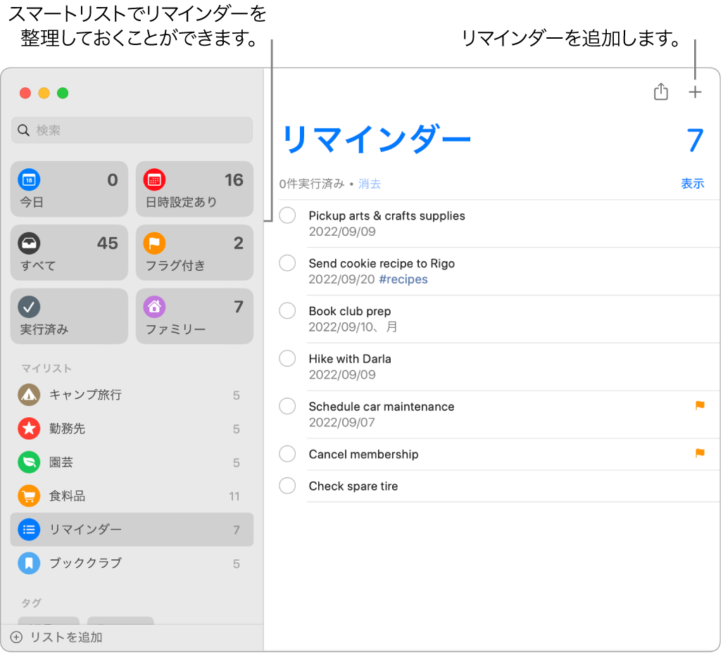 「リマインダー」ウインドウ。左側にはスマートリスト、下にはほかのリマインダーとリストがあります。ポインタはリマインダーの中に置かれています。スマートリストと「新規リマインダーを追加」ボタンへのコールアウトがあります。