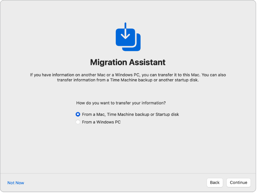 „Setup Assistant“ ekrane nurodyta: „Migration Assistant“. Pasirinkta varnelė, skirta perkelti informaciją iš „Mac“.