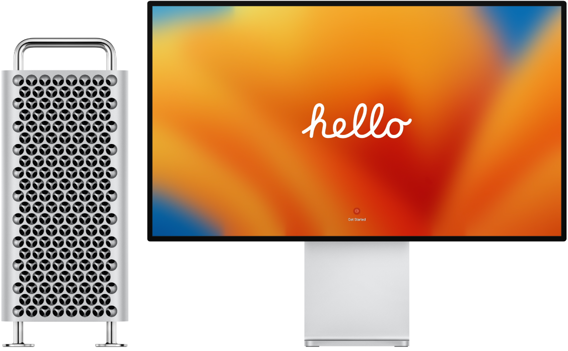 „Mac Pro“ ir „Pro Display XDR“ vienas šalia kito, ekrane matomas žodis „hello“.