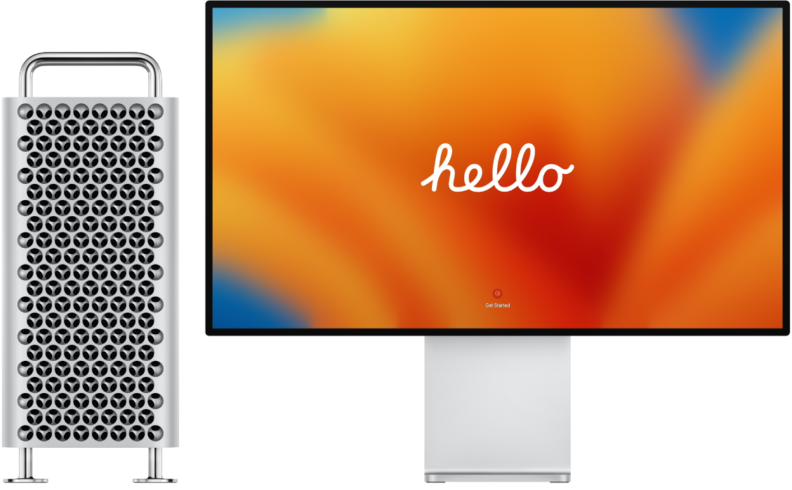 Blakus redzami Mac Pro dators un Pro Display XDR displejs ar ekrānā redzamu vārdu “hello”.