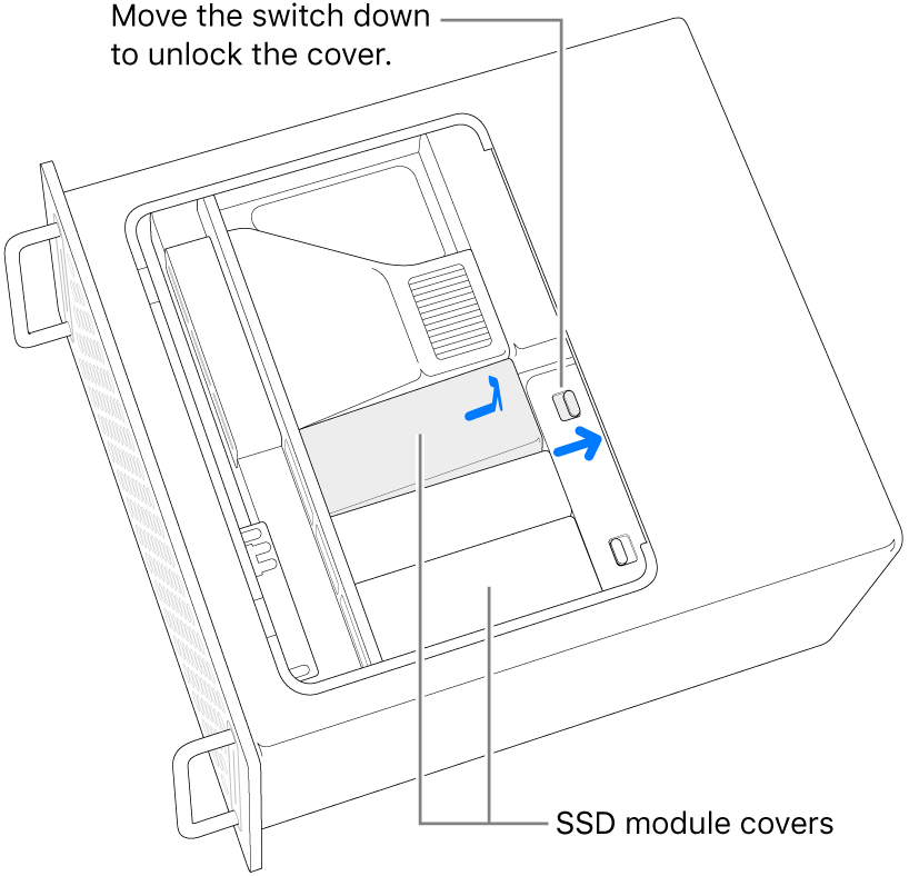 Slēdzis tiek pārvietots pa labi, lai atslēgtu SSD pārsegu.
