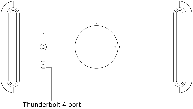 Mac Pro datora augšpuse ar norādi uz pareizo izmantojamo Thunderbolt 4 portu.