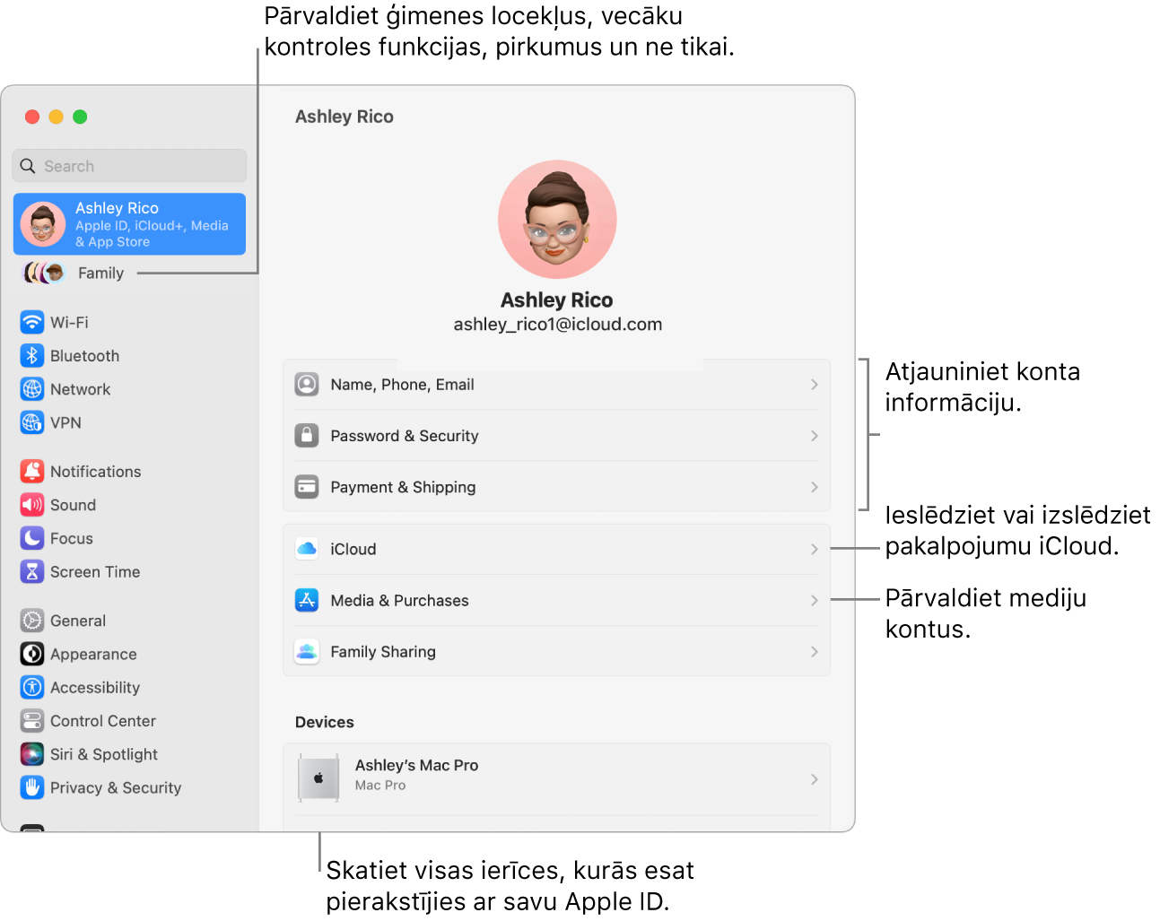 Apple ID rūts izvēlnē System Settings ar remarkām atjaunināt konta informāciju, ieslēgt vai izslēgt iCloud funkcijas, pārvaldīt sociālo tīklu kontus un sadaļu Family, kur varat pārvaldīt ģimenes locekļus, vecāku kontroles funkcijas, pirkumus un ne tikai.