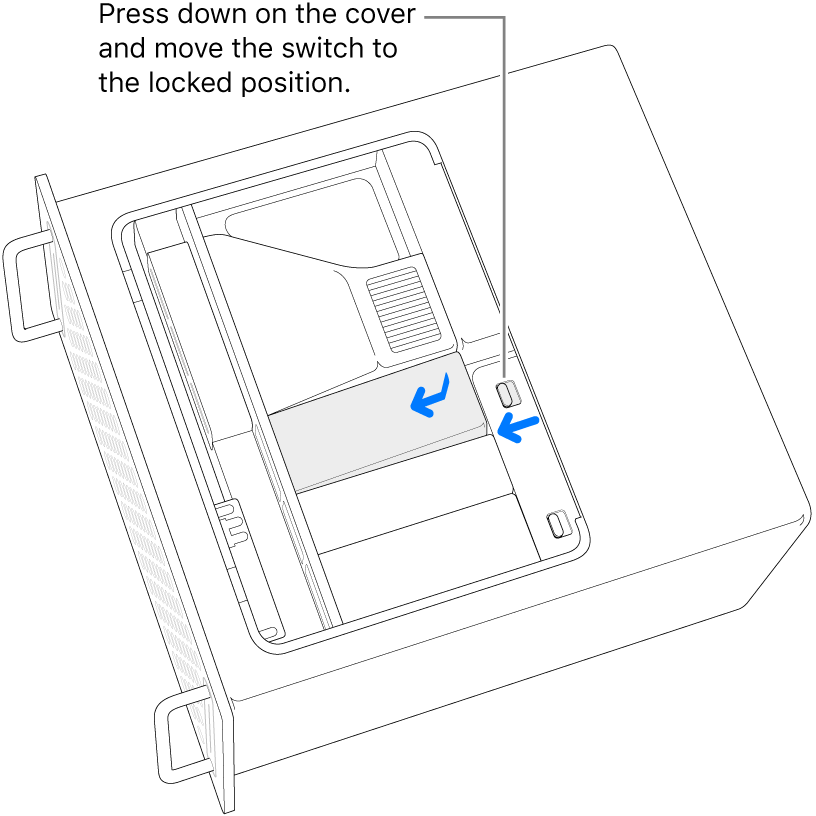 SSD pārsegi tiek uzlikti atpakaļ, pārvietojot fiksācijas slēdzi pa kreisi un nospiežot SSD pārsegu uz leju.