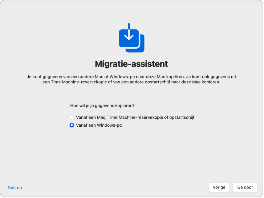 Een scherm van de configuratie-assistent met de tekst "Migratie-assistent". Een aankruisvak voor het overbrengen van gegevens van een Windows-pc is ingeschakeld.