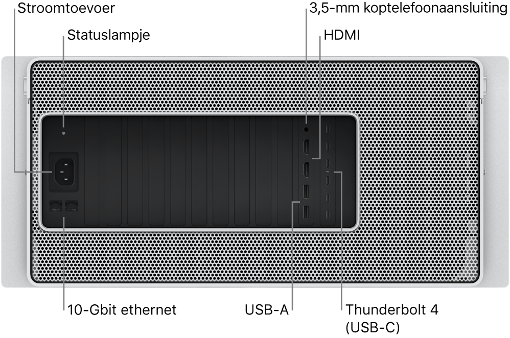 Achteraanzicht van de Mac Pro, met de netsnoeraansluiting, een statuslampje, 3,5-mm koptelefoonaansluiting, twee HDMI-poorten, zes Thunderbolt 4-poorten (USB‑C), twee USB‑A-poorten en twee 10-Gbit ethernetpoorten.